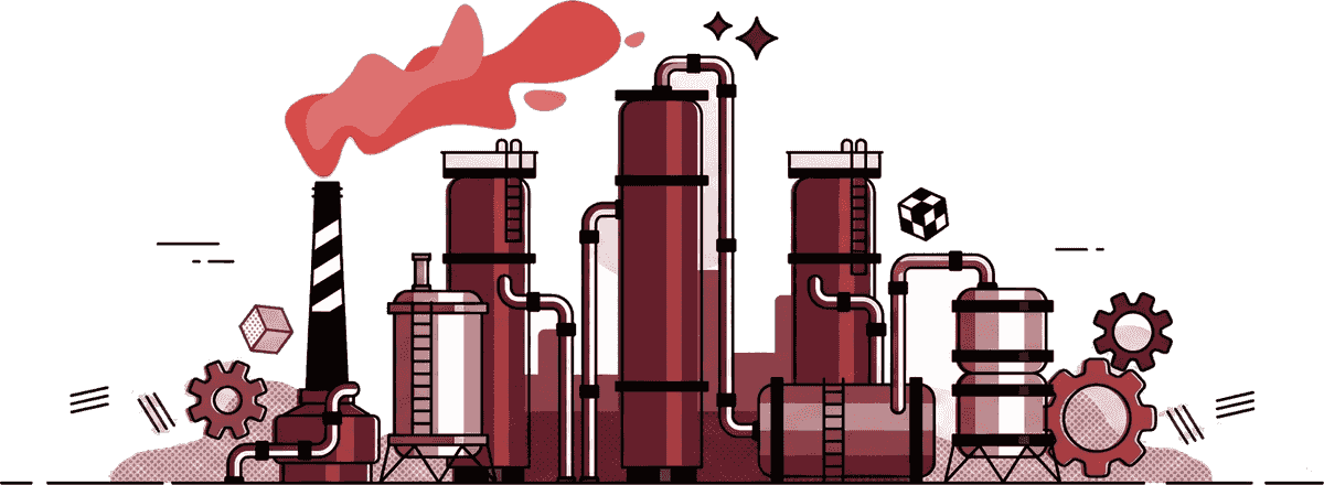 Illustration of a chemical plant: reaction vessels, columns, a horizontal tank and process piping, drawn in Vegam red.