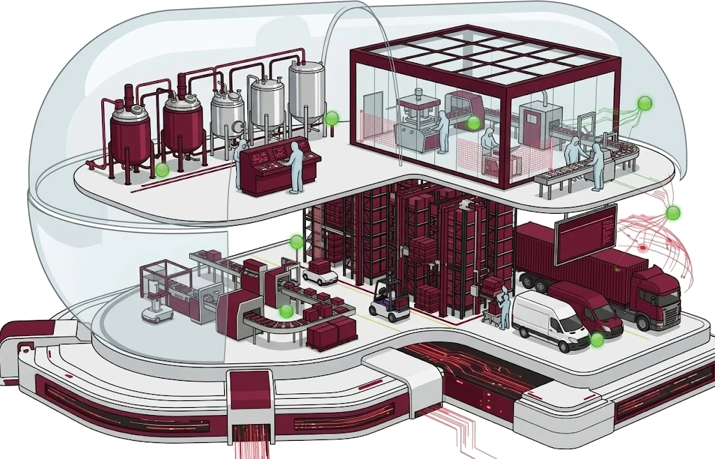 Cutaway illustration of a pharmaceutical facility: reactor vessels and a control station on the upper deck, a glazed cleanroom with operators and packaging lines, and below them automated storage, conveyors and a dispatch yard.
