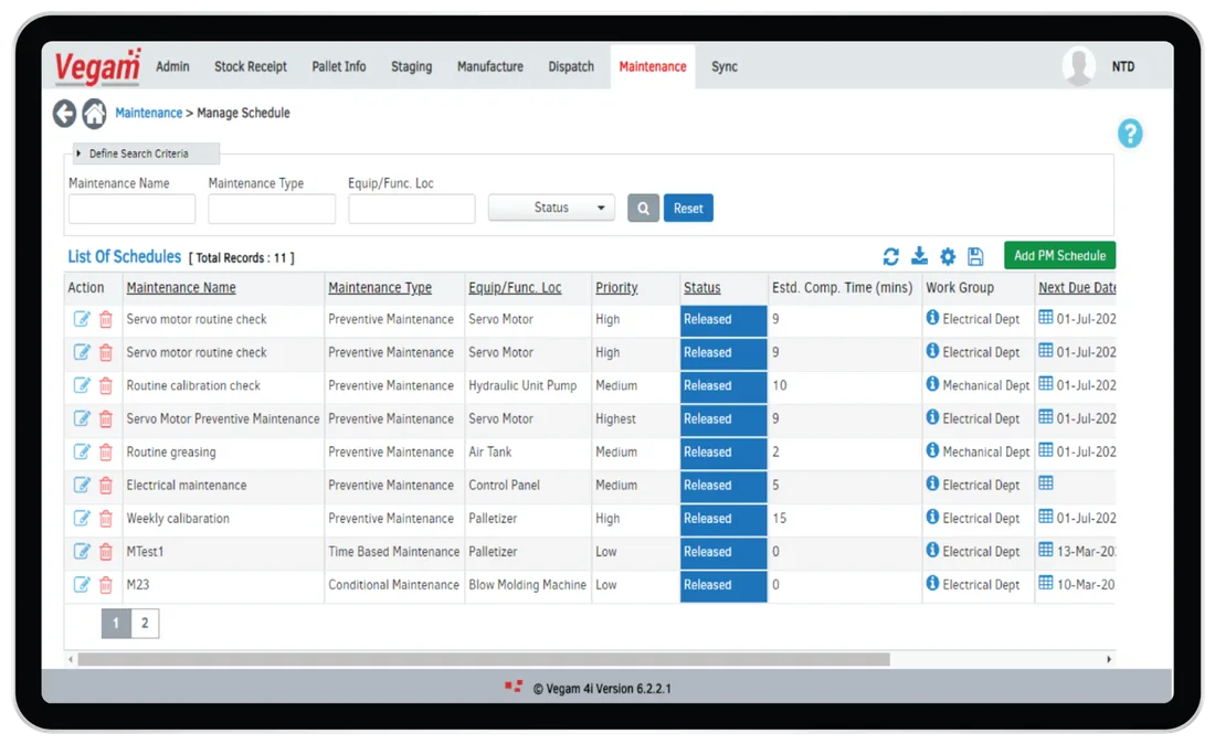 Vegam maintenance schedule list with preventive maintenance tasks, equipment, priority and status.