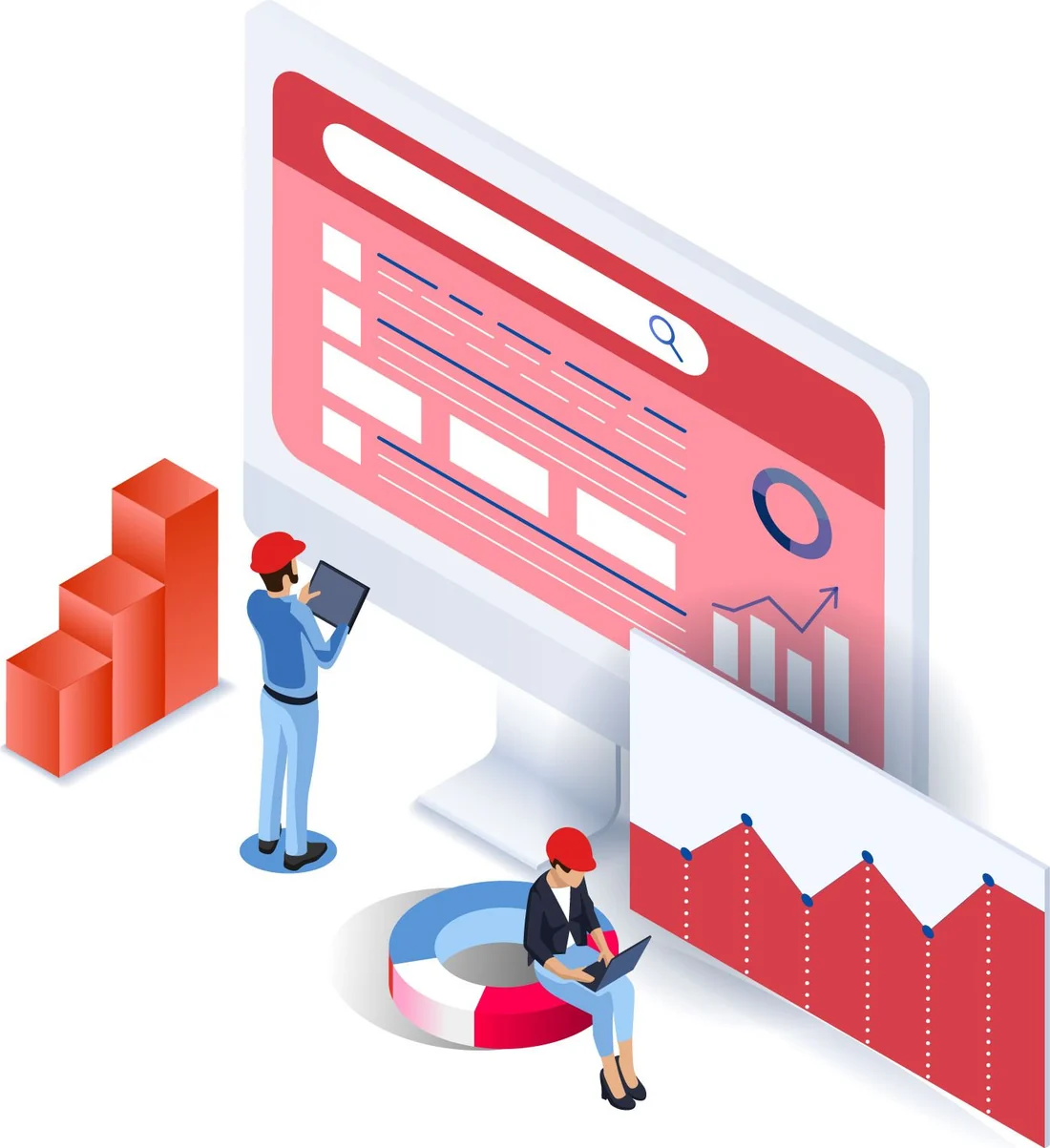 Isometric dashboard on a large screen with bar and donut charts, and two analysts reviewing the figures.