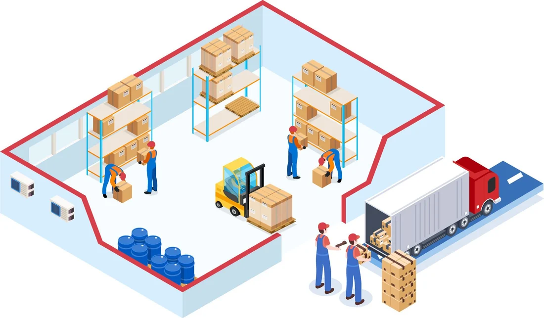Isometric warehouse interior with operators unloading a trailer, a forklift moving pallets and racked stock behind them.