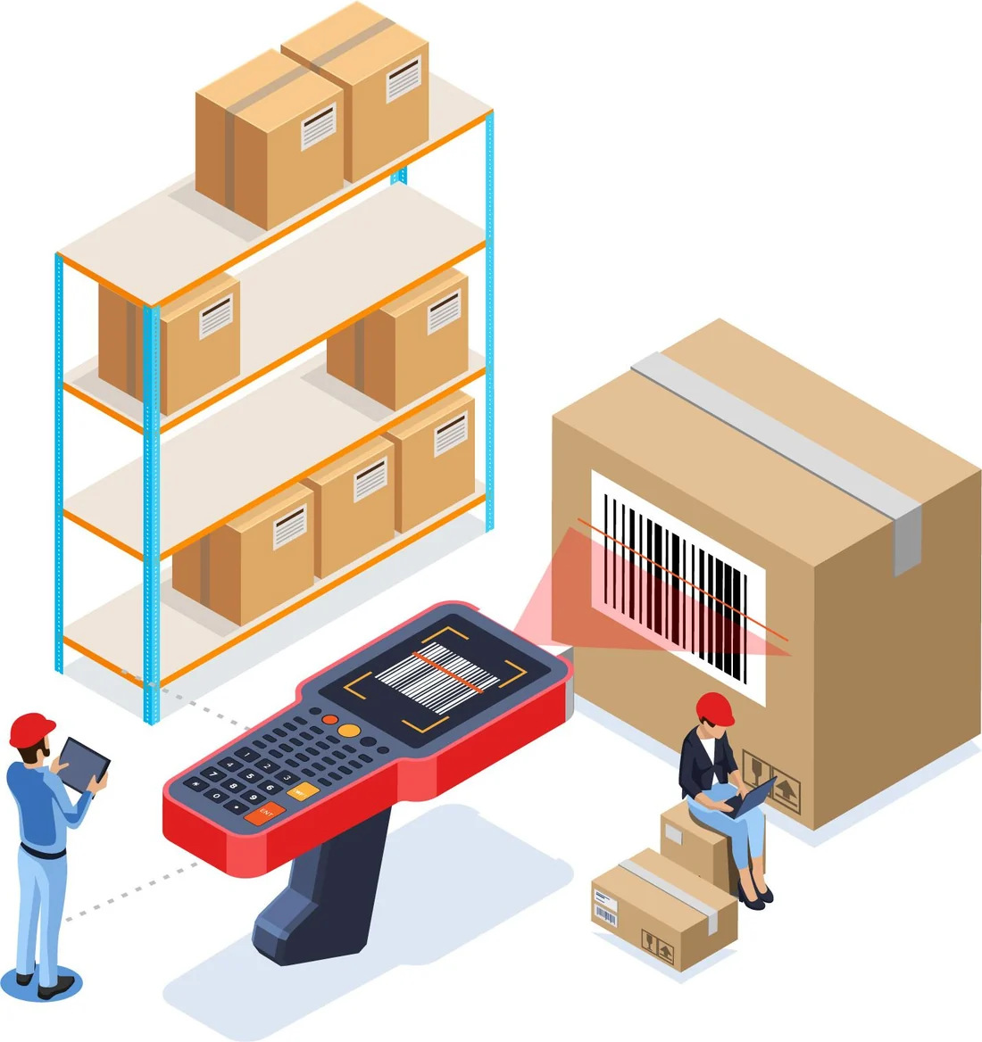 Isometric racking with cartons, an operator scanning a barcode with a handheld terminal and a second operator on a tablet.