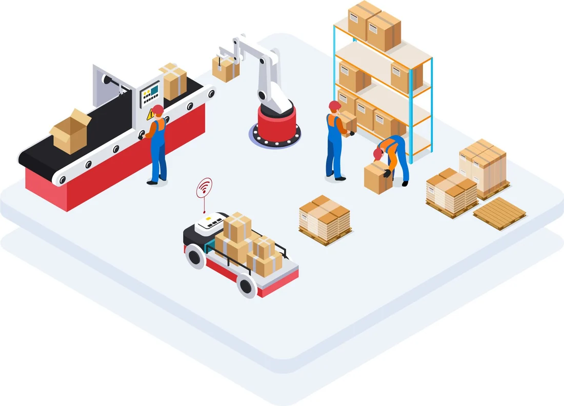 Isometric staging area with a conveyor, a robot arm, an automated guided vehicle carrying cartons and operators at the racks.